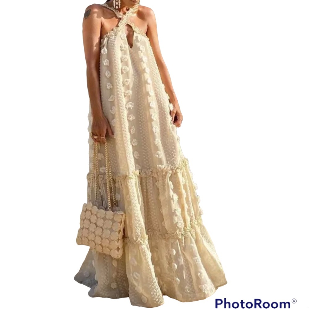 Waterfall Appliqué Flowers Tie Strap Loose Long Halter Ruffle Dress - Picture 3 of 11